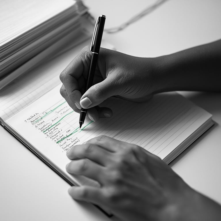 Editorial image showing a single pair of hands repeatedly writing in a notebook to represent mindset