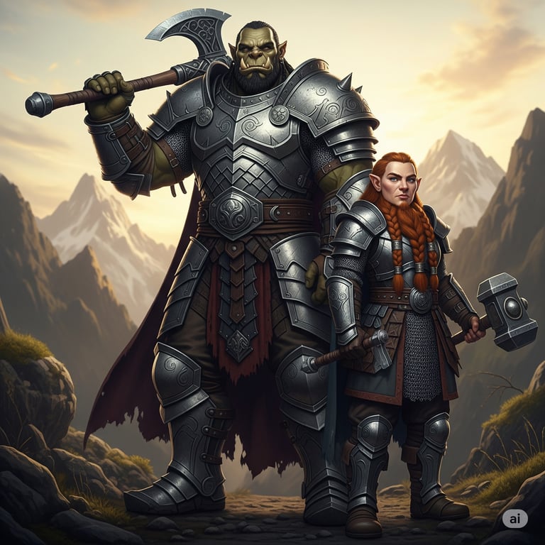 Commanders Vargash and Elira Stoneforge stand side-by-side on a mountain path.
