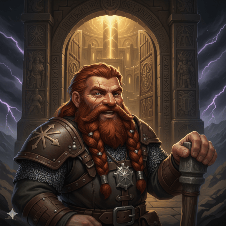 Bardin Stonehand, a red-bearded dwarf in armor, smiles and holds his hammer as he welcomes visitors 
