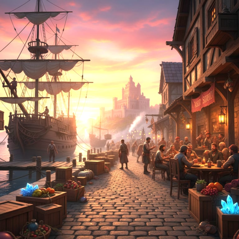 A close up shot of a section of the docks in Port Sunder, showing a ship, docks, and businesses