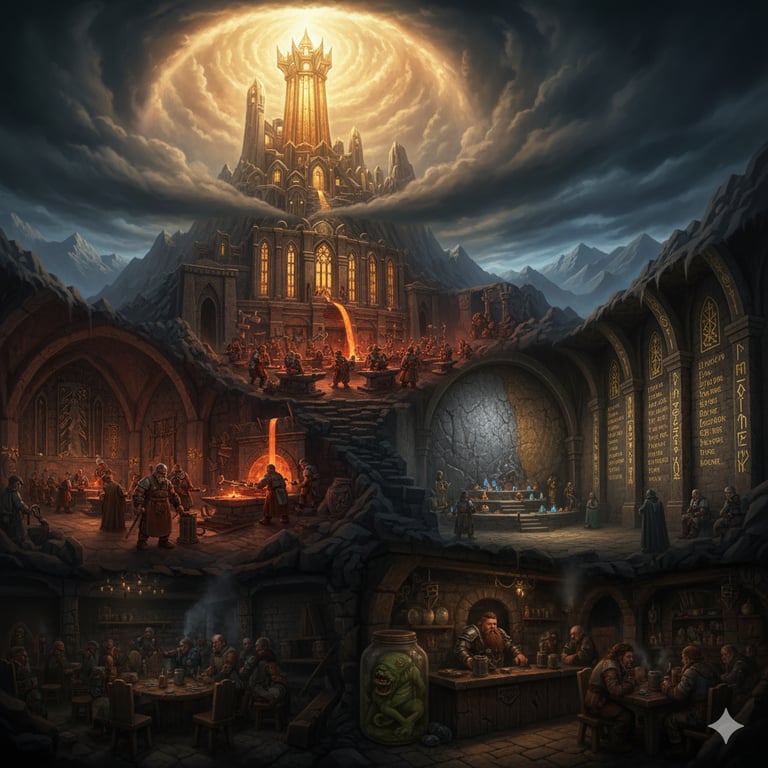A cutaway illustration of the dwarven city, Hammerdeep, showing its many levels. At the top, the Sun
