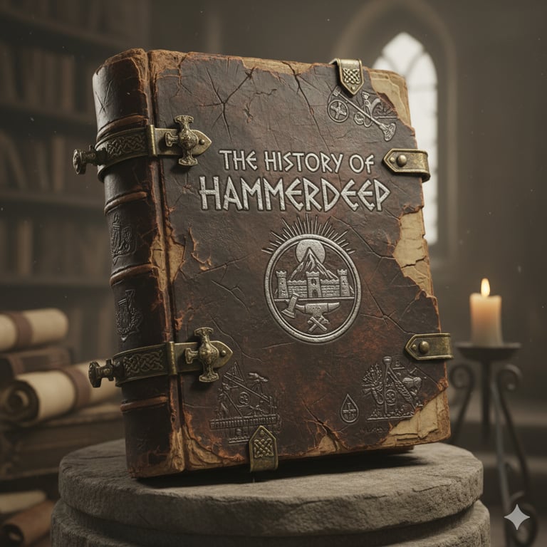 An ancient, leather-bound book titled "The History of Hammerdeep" rests on a stone pedestal