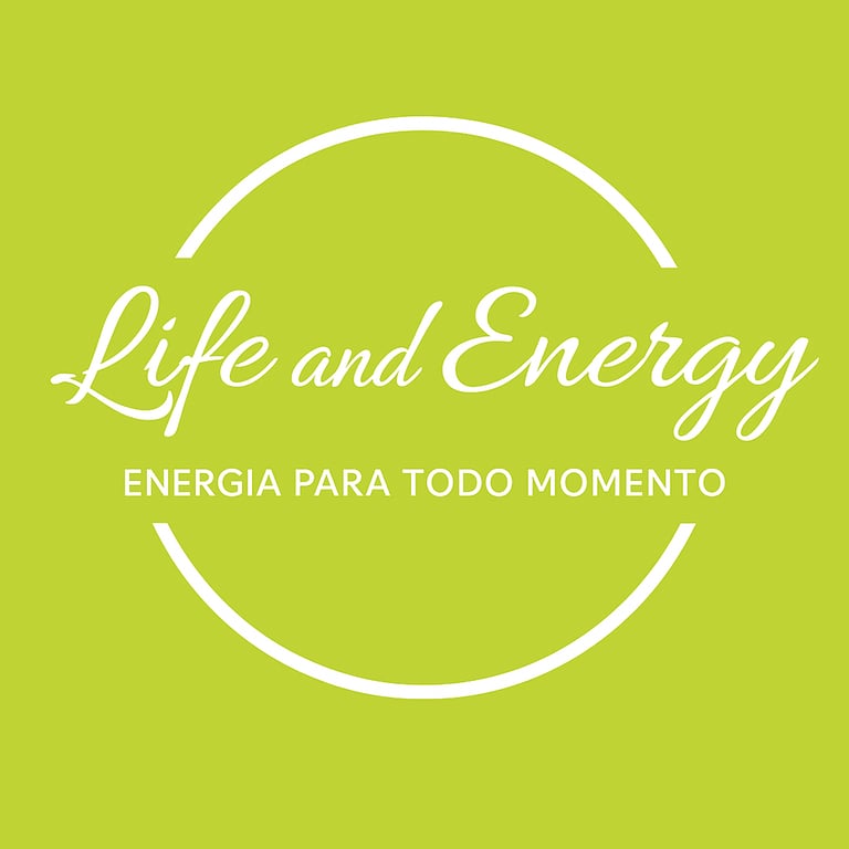 a green background with a white circle with the words life and energy