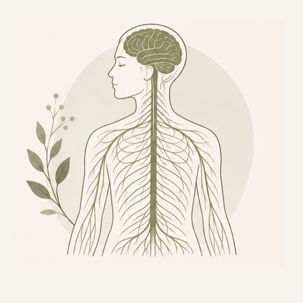 Anatomical illustration of the human nervous system featuring the brain and spinal cord in a botanical style.