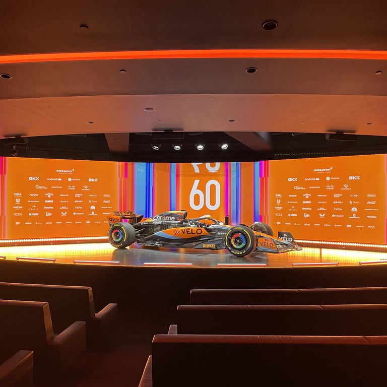 McLaren Formula 1 Car on stage surrounded by LED Video Wall during a launch event at the McLaren Thought Leadership Centre