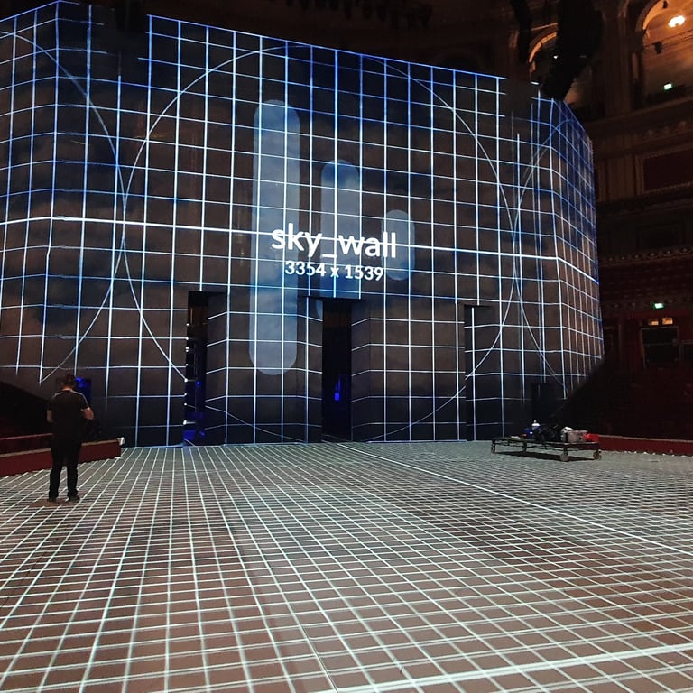 Projection alignment grids during setup for a ballet in the Royal Albert Hall London