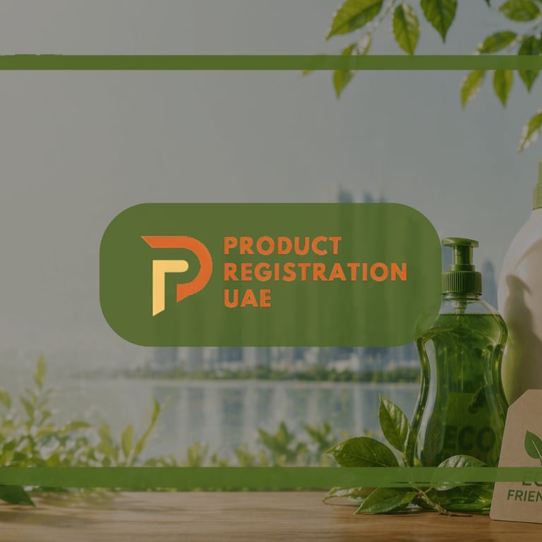 green compliance UAE concept with eco-friendly cleaning products, sustainable packaging, and Dubai skyline background