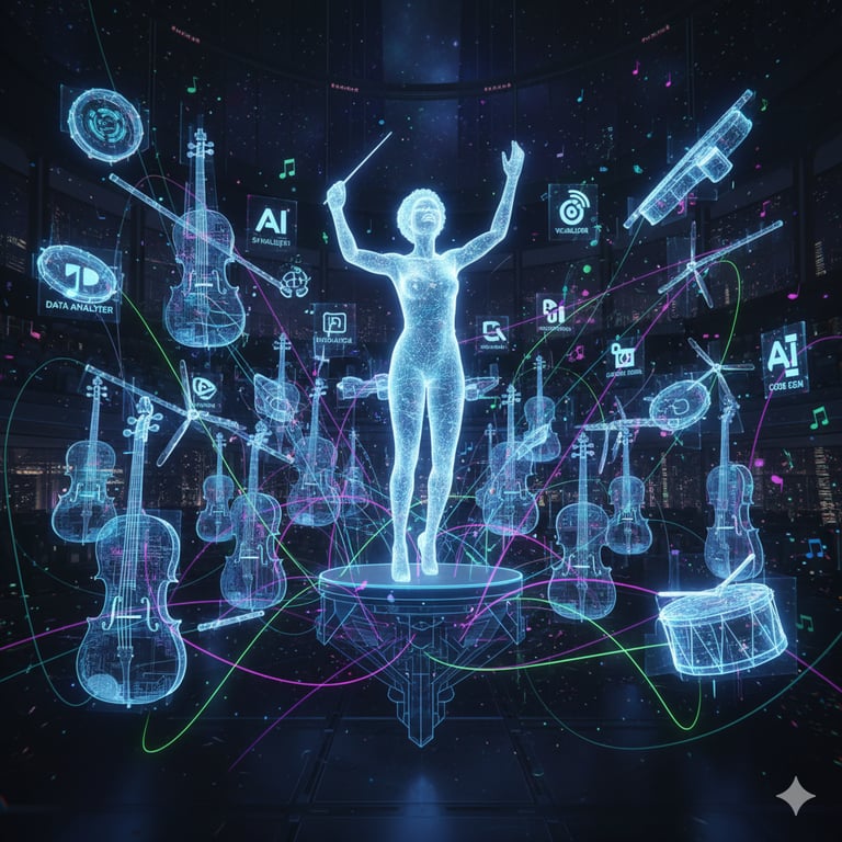 Conductor leading AI orchestra symbolizing business automation from the best AI course.