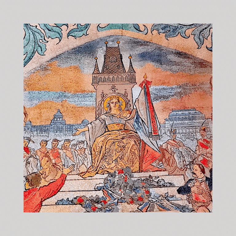 Mosaik, Königin auf Thron sitzend symbolisiert die Stadt Prag, als Logo für Frauen Stadtbummel