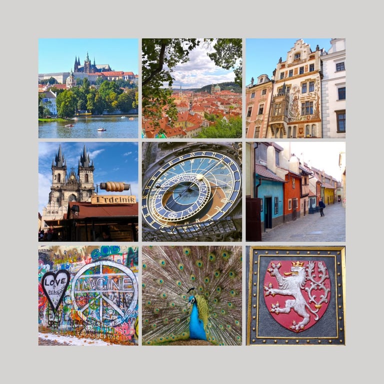 9 Fotos von Prag als Collage, symbolisch für einen individuellen Stadtrundgang von Prag mit Herz