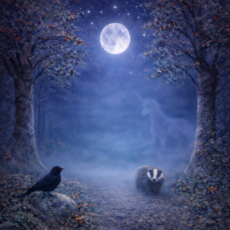 A full moon illuminating a forest path beneath rowan trees, with a badger standing calmly on the pat
