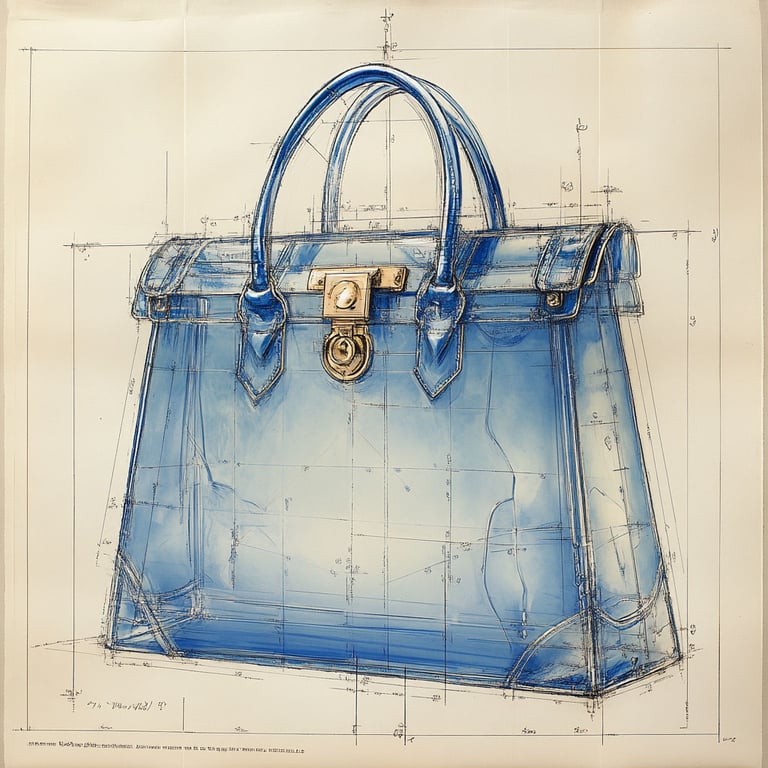blueprint style illustration of handbag