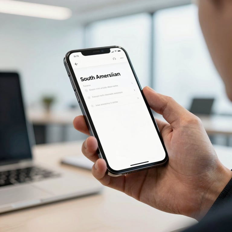 Close-up of a professional's hand interacting with a high-end smartphone displaying a clean interface, in a bright, modern South American office.