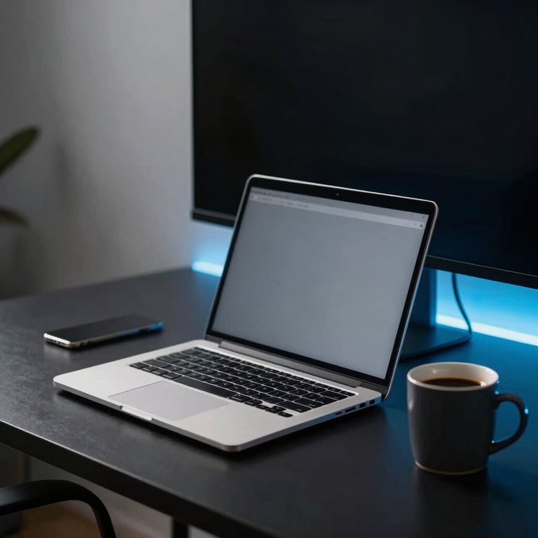 A minimalist workspace with a sleek laptop and a dark coffee mug on a black desk, illuminated by a soft neon blue glow from behind the monitor. Brazilian setting.