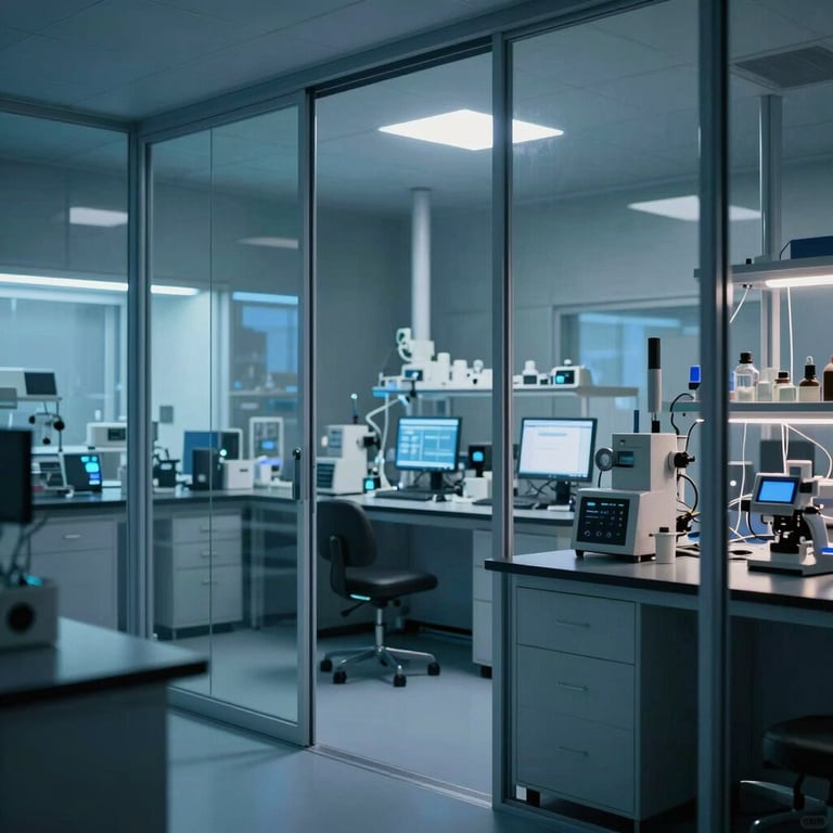 Interior of a tech-focused laboratory with glass walls, dark workstations, and subtle futuristic blue lighting.