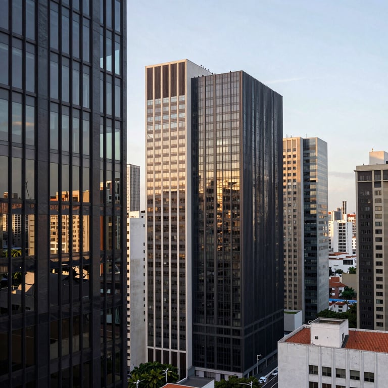 A modern urban skyline in Brazil viewed from a high-floor executive office, featuring dark steel and glass elements in the foreground.