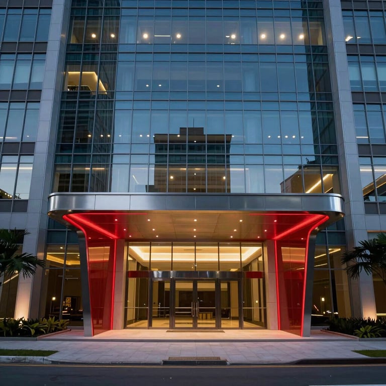 Architectural photography of a modern glass office building entrance in Brazil, with futuristic red lighting accents at night.