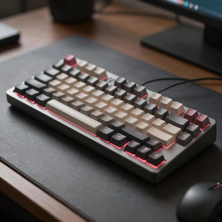 A high-end mechanical keyboard on a desk with a subtle red glow, shot with a shallow depth of field in a professional studio.