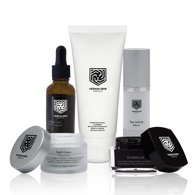 Yeshua Skin cosmetics set featuring retinol serum, facial cleanser, night cream, and age defying serum.
