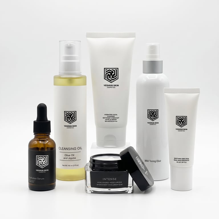 Yeshua Skin cosmetics set featuring cleansing oil, hydrating serum, and hyaluronic moisturizer.