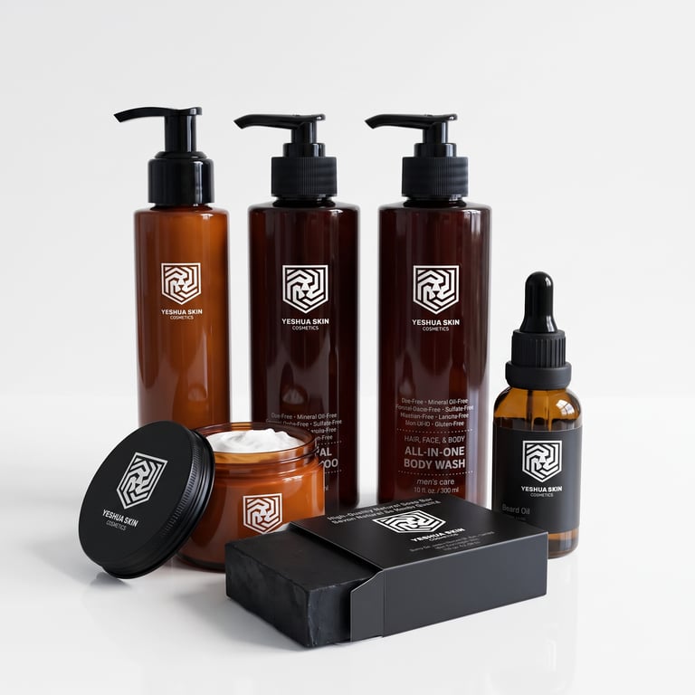 Yeshua Skin natural men's grooming set with body wash, beard oil, shampoo, and soap bar on a white background.