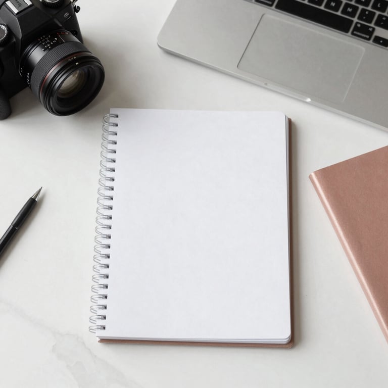 An elegant, off-center portrait of a modern creative workspace with clean white marble surfaces, a sleek camera lens, and a soft rose gold notebook, generous white margins.