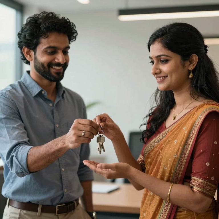 Nandini, a South Asian woman, handing over a set of house keys to a smiling couple in a professional office setting.