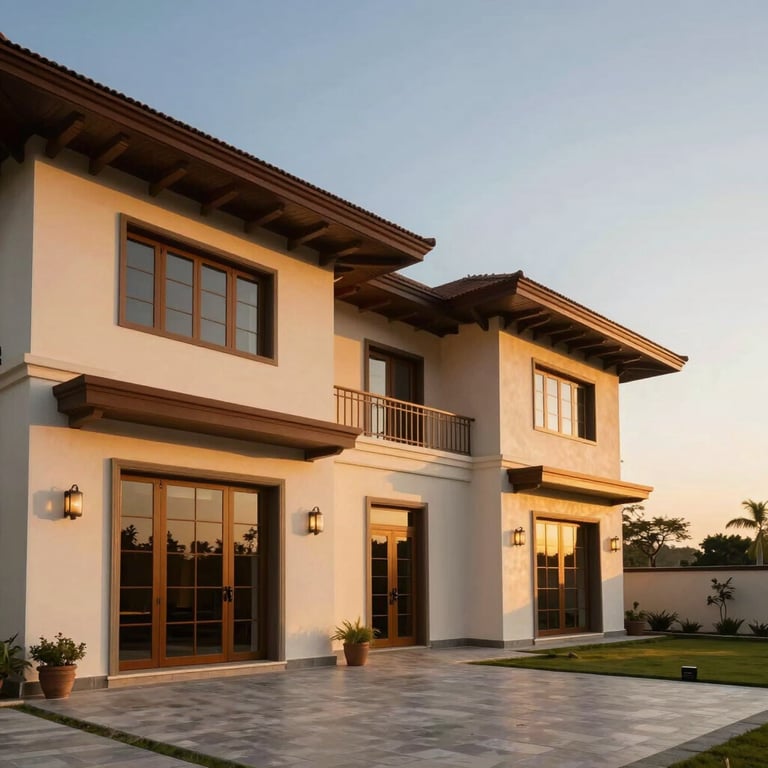 An exterior shot of a luxury villa at sunset, featuring sleek lines and warm South Asian architectural elements.