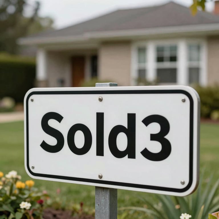 A close-up of a 'Sold' sign placed in front of a beautiful garden area of a residential property.