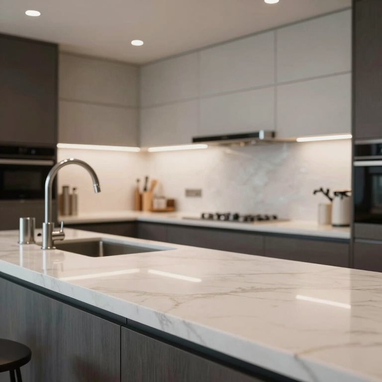 A stylish and clean modern kitchen with off-white marble countertops and professional lighting.