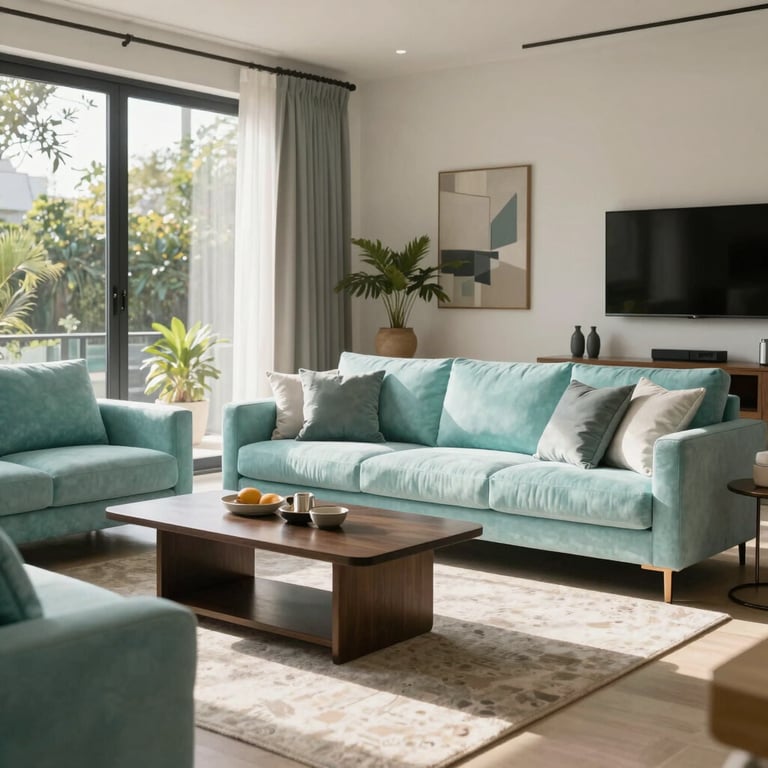 A sun-drenched, modern living room in a South Asian home with contemporary furniture and light aqua accents.