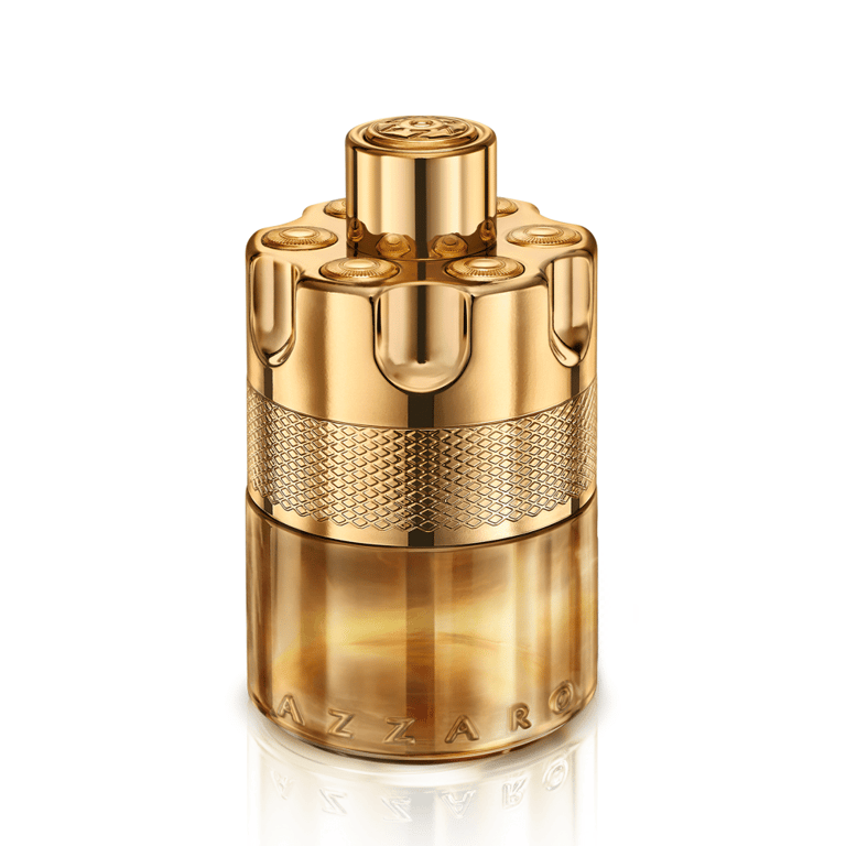 Luxury Azzaro Wanted gold perfume bottle featuring a unique revolver cylinder design for men.