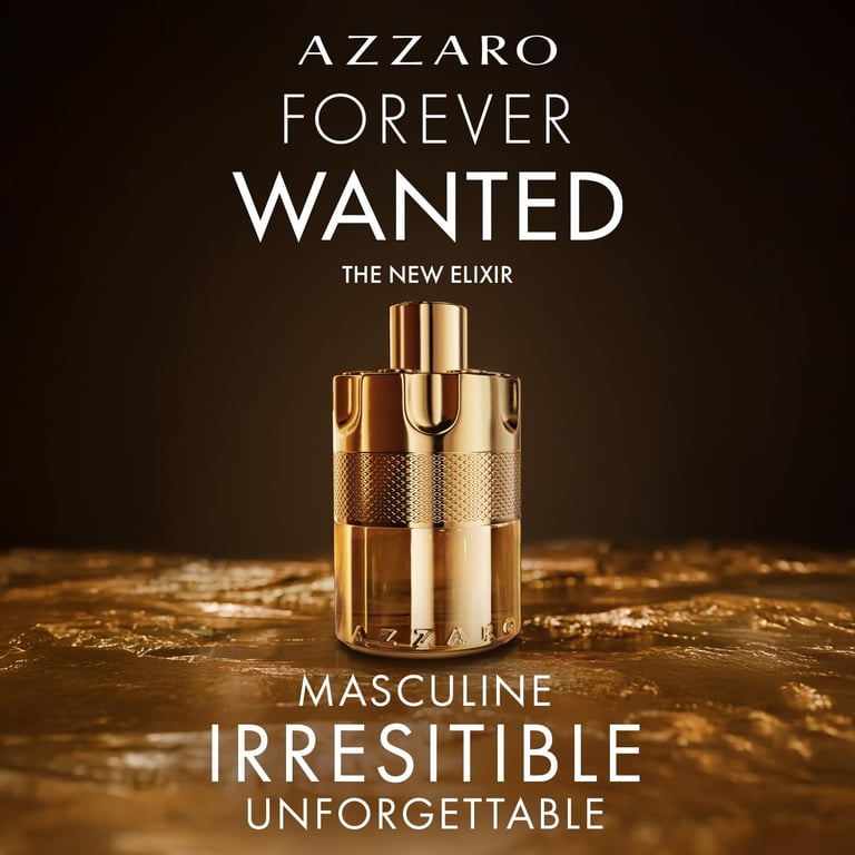 Gold Azzaro Forever Wanted Elixir perfume bottle for men on a textured golden surface.