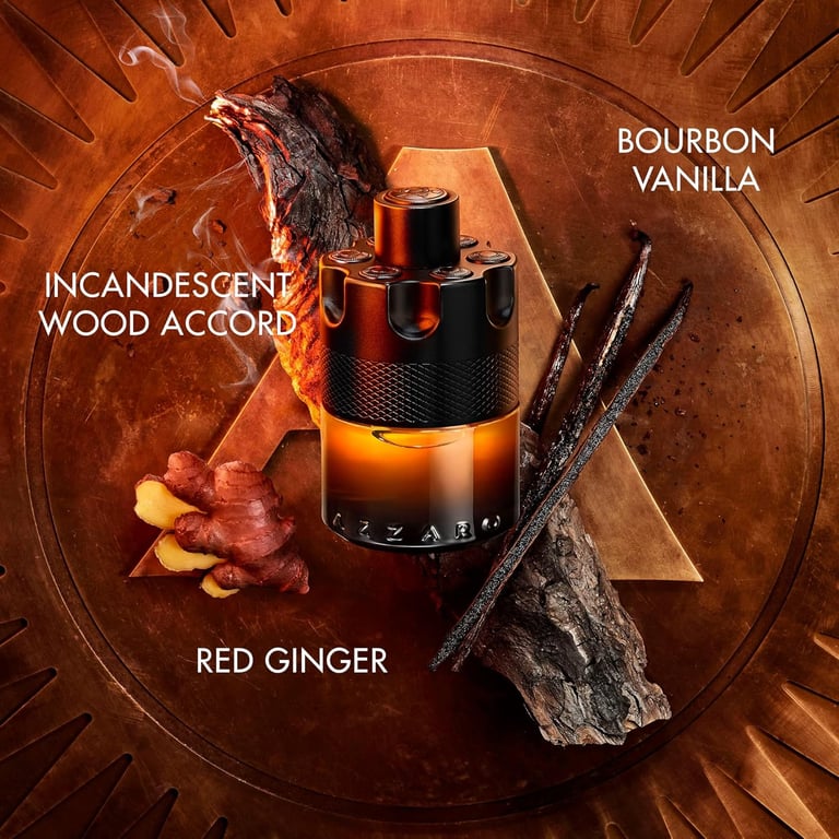 Azzaro Wanted perfume with red ginger, bourbon vanilla, and wood accord on a bronze background.