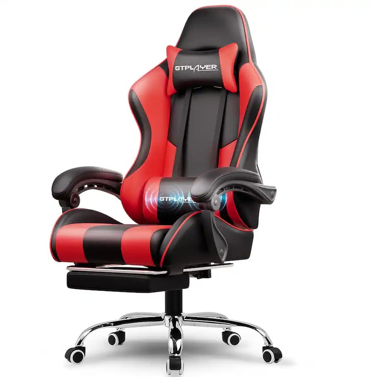 GTPLAYER ergonomic red and black gaming chair with lumbar support and footrest.