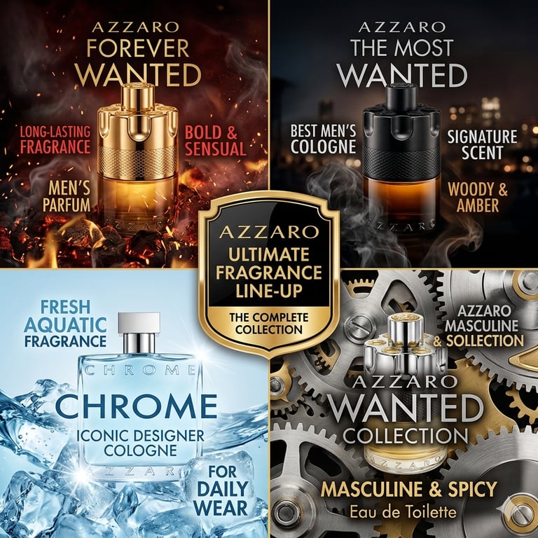 Azzaro men's fragrance collection featuring Forever Wanted, The Most Wanted, Chrome, and Wanted perfumes.