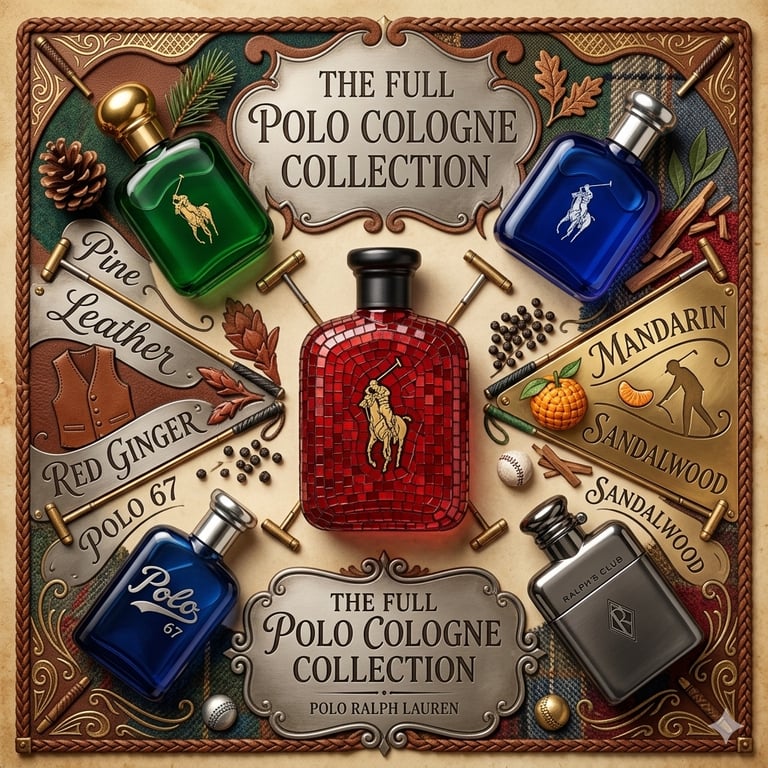 The Full Polo Cologne Collection by Ralph Lauren featuring Green, Blue, Red, and Polo 67 bottles.