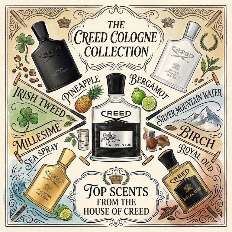 Illustrated Creed Cologne Collection featuring Aventus, Green Irish Tweed, and Silver Mountain Water perfume bottles.