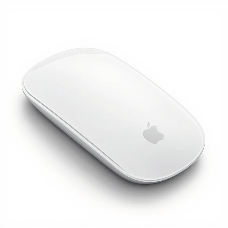 Sleek white Apple Magic Mouse with a minimalist design on a plain white background.
