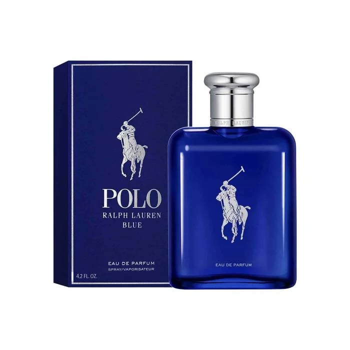 Ralph Lauren Polo Blue Eau de Parfum bottle and box set for men on white background.