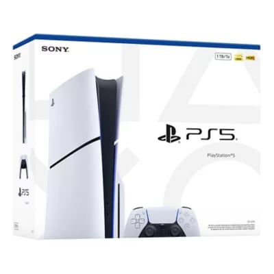 Sony PlayStation 5 Slim console box with white DualSense controller and 1TB storage logo.