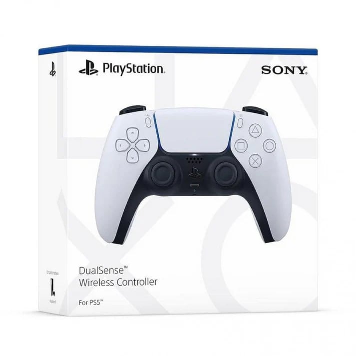 White Sony PlayStation 5 DualSense Wireless Controller in original retail packaging box.