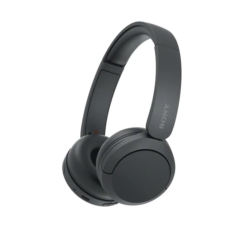 Black Sony wireless over-ear headphones with a matte finish on a white background.