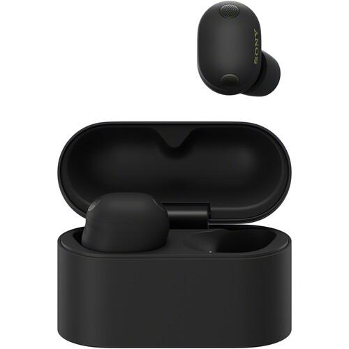 Sony black wireless noise canceling earbuds with charging case on a white background