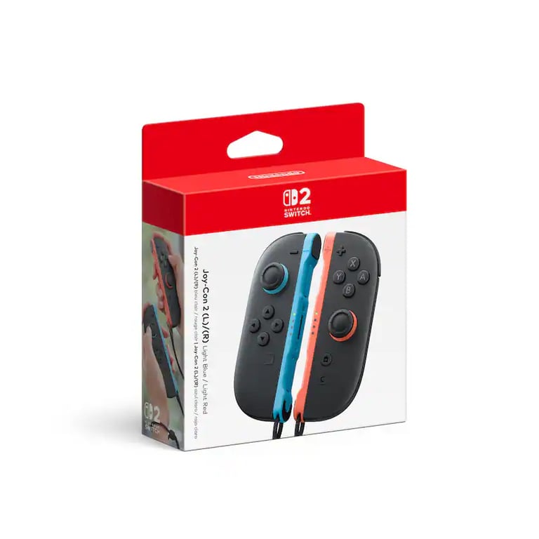 Boxed pair of Nintendo Switch Joy-Con controllers in light blue and light red colors.