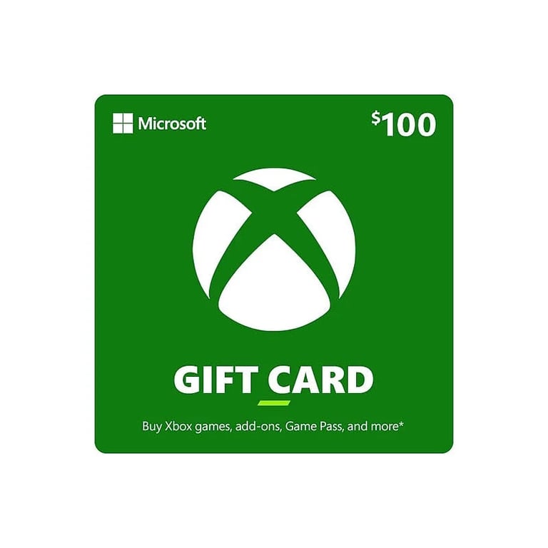 A 100 dollar Microsoft Xbox gift card for digital games, add-ons, and Game Pass subscriptions.