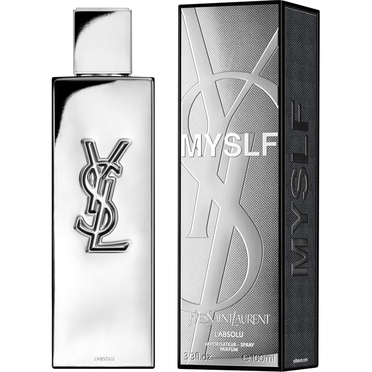 Yves Saint Laurent MYSLF Le Parfum 100ml silver metallic bottle and textured black box.