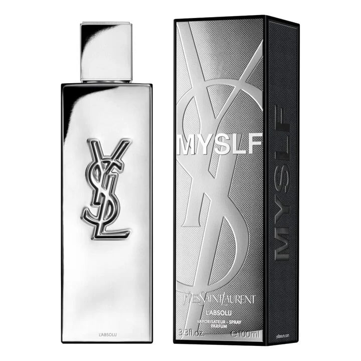 Yves Saint Laurent MYSLF Le Parfum bottle and box, luxury men's fragrance in sleek black and silver packaging.