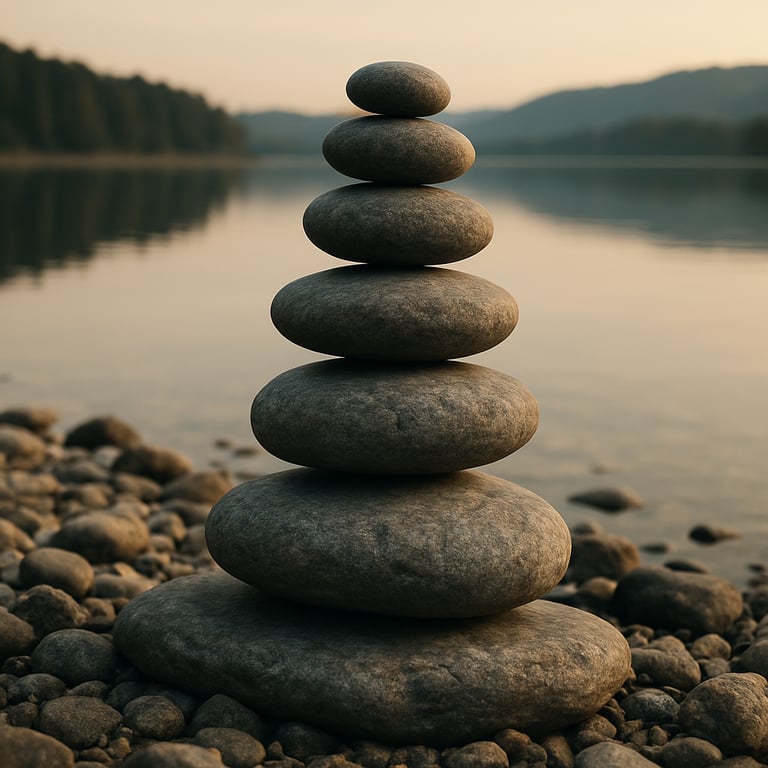 A stack of smooth stones balanced near a calm lake, representing psychological flexibility and grounded wisdom.