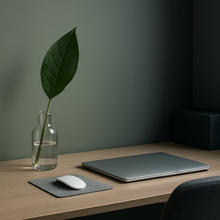 A minimalist workspace with a single green leaf in a glass vase, sage green and dark blue-gray accents, professional photography.